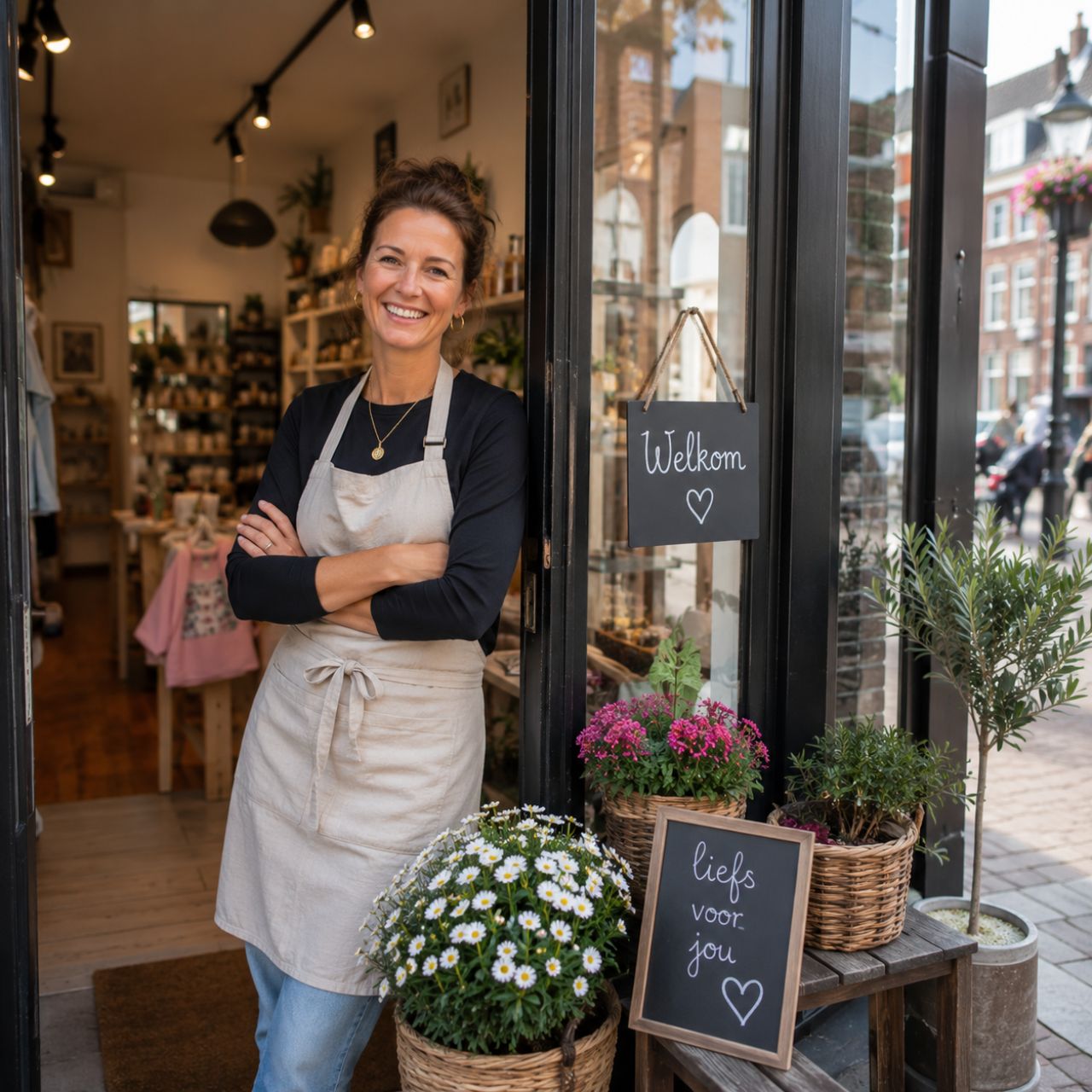 Een lokale winkelier voor haar winkel in Zwijndrecht